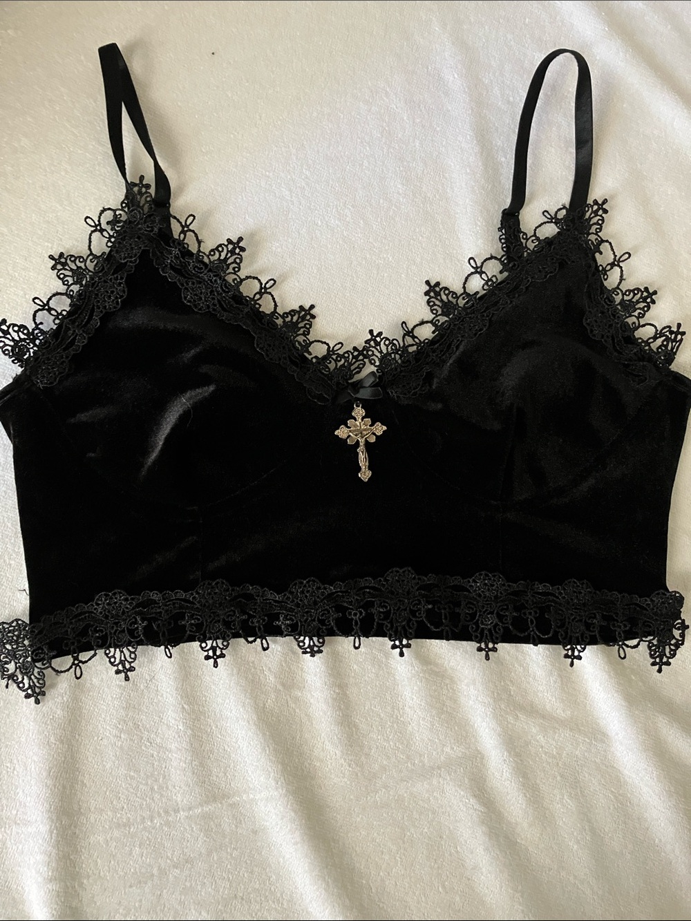 Vintage Black Velvet Lace Bralette with Cross Pendant
